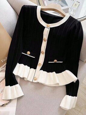 Black And White Casual Women's Ruffled Hem Long Sleeve Cardigan